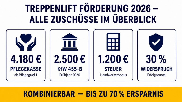 Infografik: Treppenlift Förderung 2026 mit Pflegekasse 4.180 €, KfW 2.500 €, Steuer 1.200 €, 30 % Widerspruch-Erfolg