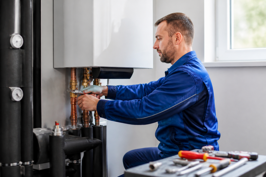 Heizungsinstallateur montiert das Innengerät einer Wärmepumpe im Hauswirtschaftsraum