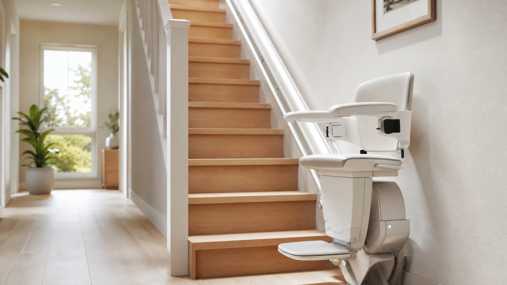 Moderner Sitz-Treppenlift an gerader Treppe in hellem Einfamilienhaus