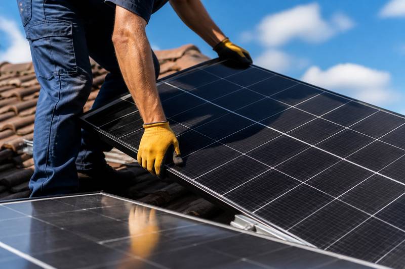 Handwerker installiert Solarpanel auf Dach