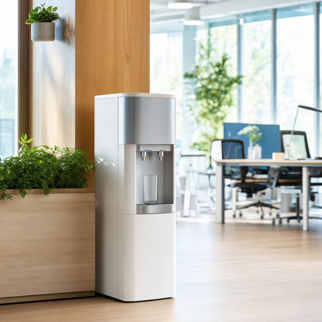 Moderner leitungsgebundener Wasserspender im hellen Büro