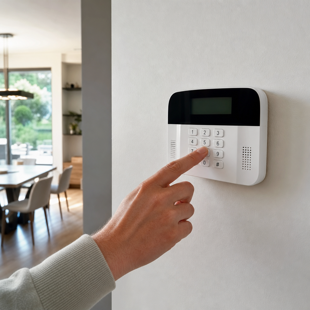 Person aktiviert moderne Alarmanlage an der Wand