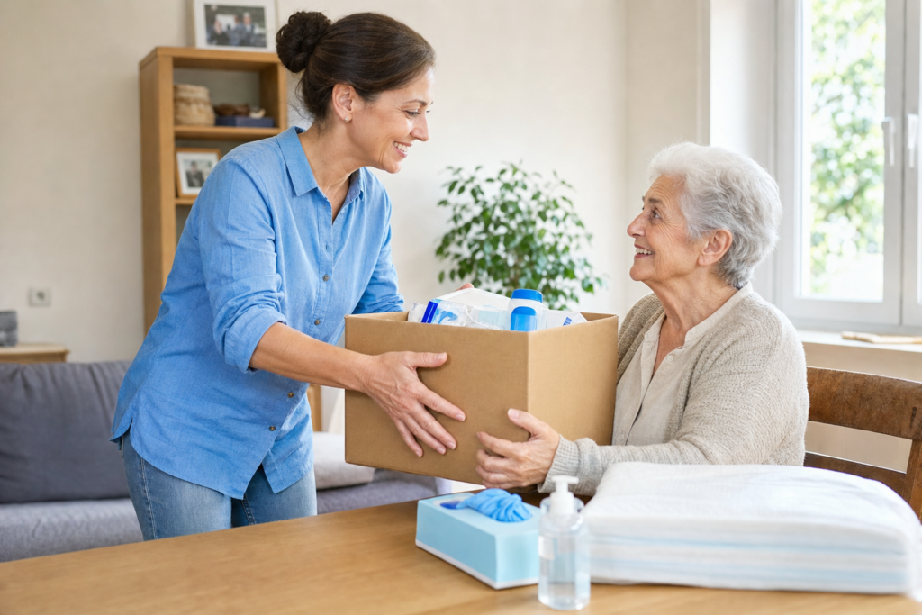 Angehörige übergibt einer Seniorin zu Hause eine Pflegebox mit Pflegehilfsmitteln